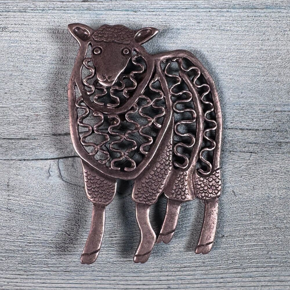 Vintage Sheep Brooch Pin Openwork Filigree SilverTone Cottagecore Folk Art
